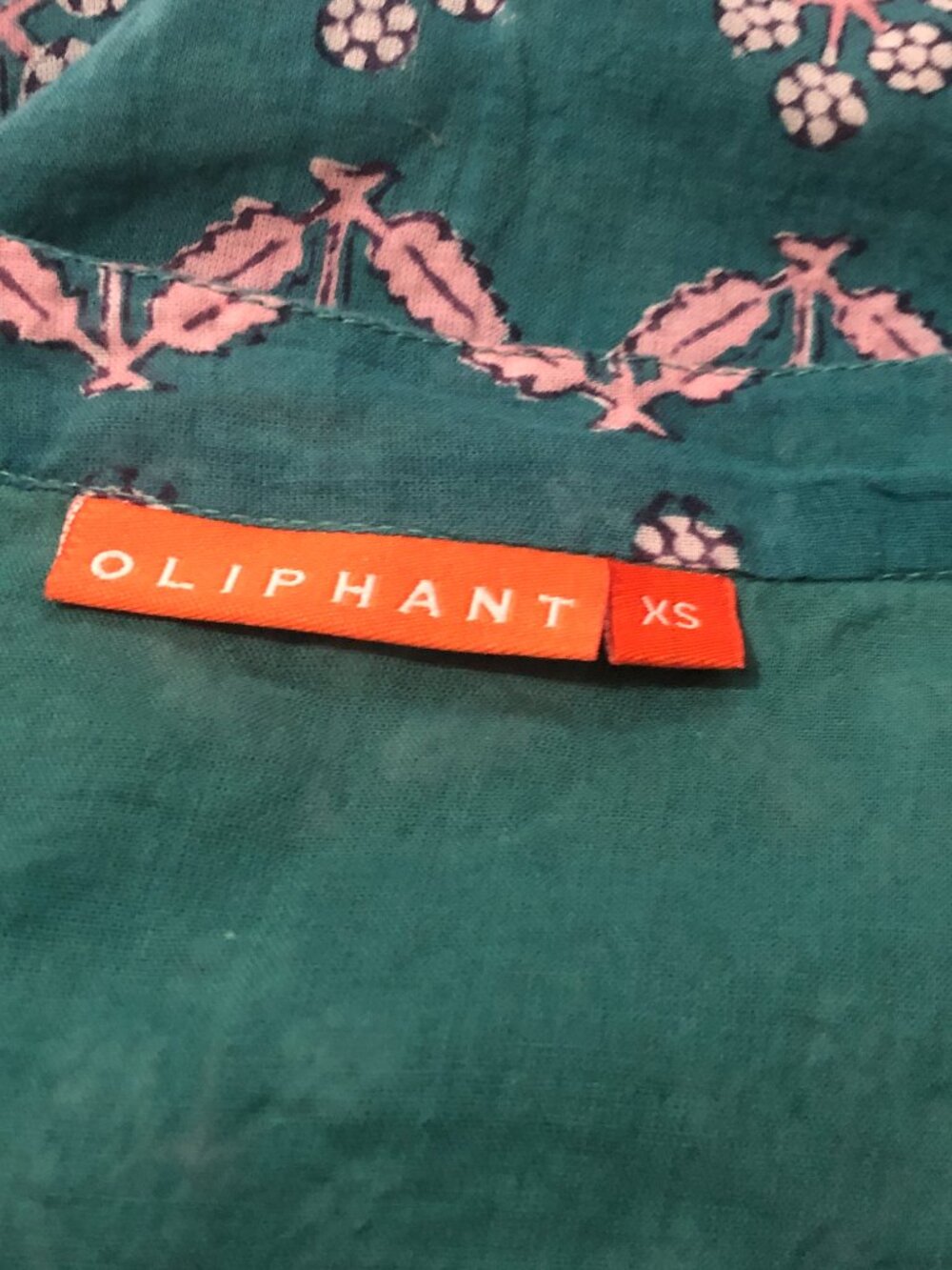 Oliphant turquoise pink leaf block print smocked drop waist mini dress - Picture 4 of 4